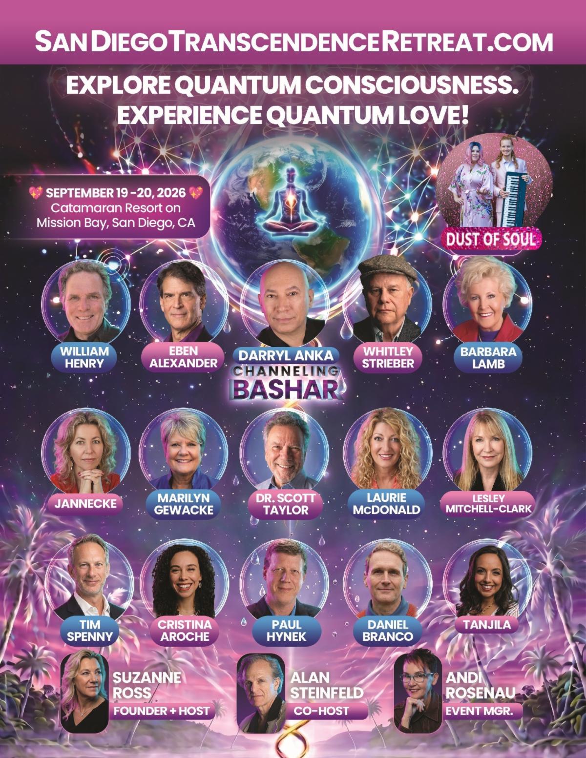 Promotional poster for San Diego Transcendence Retreat with the date, venue, and a lineup of speakers against a cosmic background.